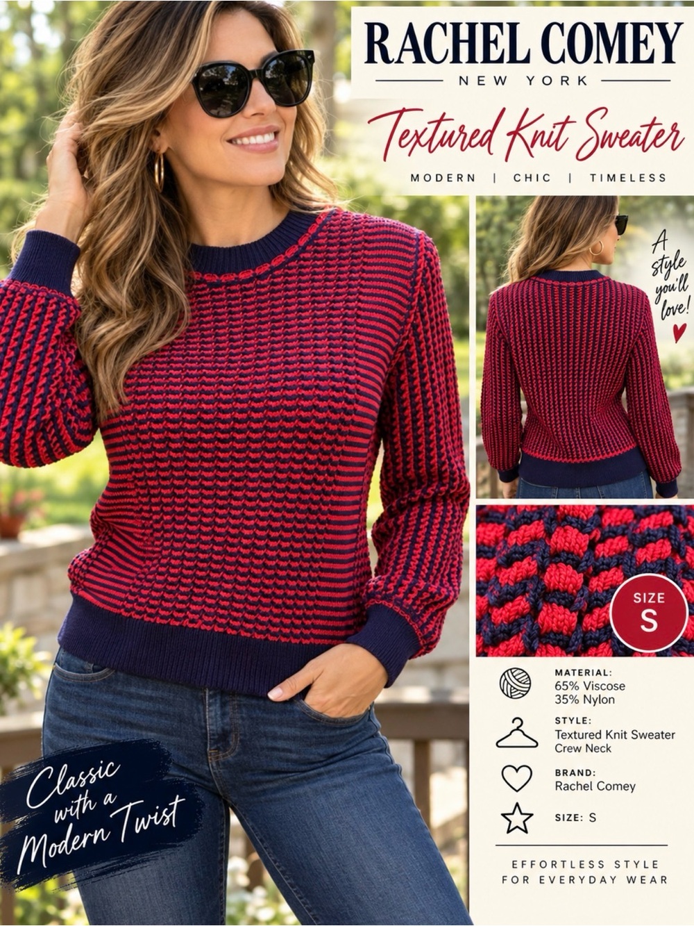 Rachel Comey Womens Textured Knit Striped Crew Neck Long Sleeve Sweater S